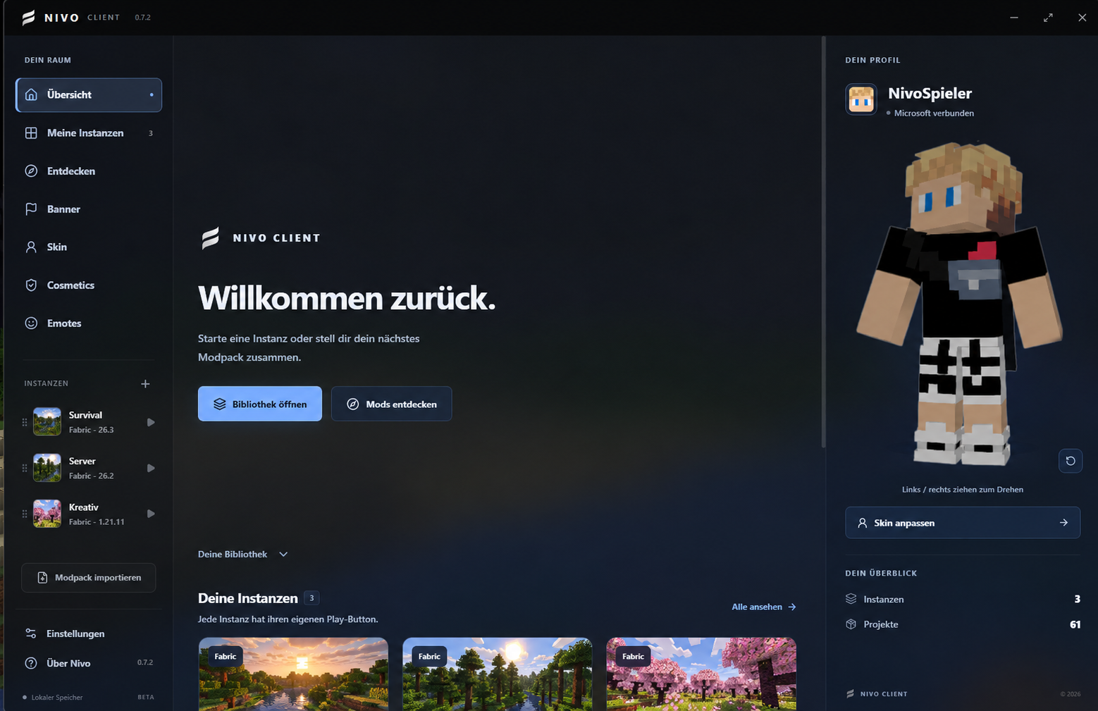 Nivo Launcher mit Instanzen, Modsuche, Banner, Skins und Cosmetics. Beispieldaten statt privater Kontonamen.
